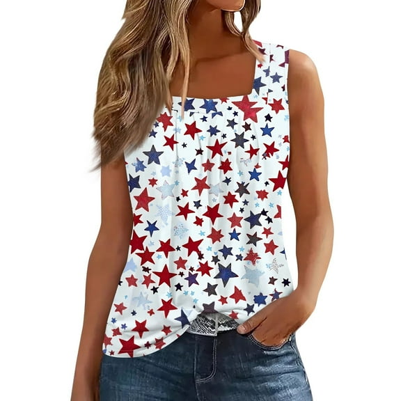 Women's Fashion Square Collar Loose Fit Tank Top, Patriotic Independence Day Printed Sleeveless Shirt for Casual Summer Outfits,Light Blue XL