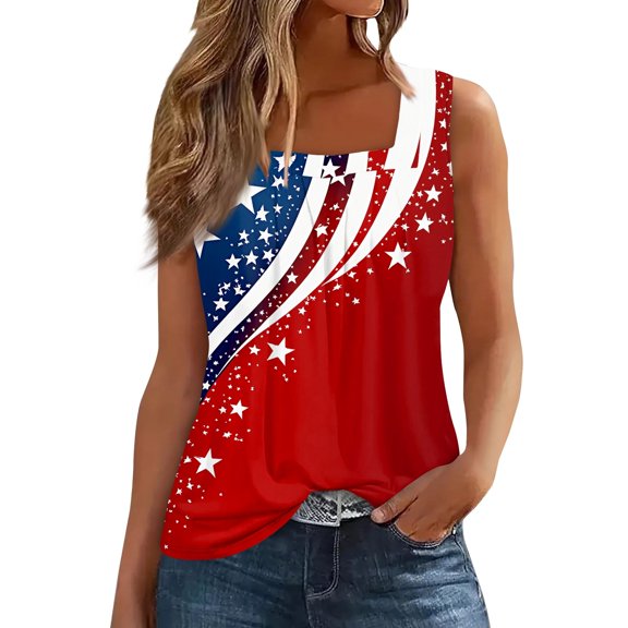 Women's Fashion Square Collar Loose Fit Tank Top, Patriotic Independence Day Printed Sleeveless Shirt for Casual Summer Outfits,Red S