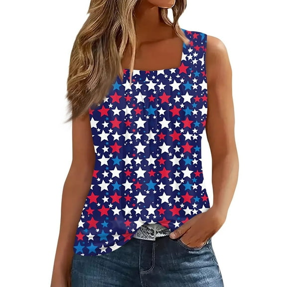 Women's Fashion Square Collar Loose Fit Tank Top, Patriotic Independence Day Printed Sleeveless Shirt for Casual Summer Outfits,Royal Blue S