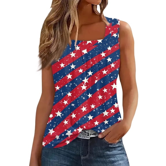 Women's Fashion Square Collar Loose Fit Tank Top, Patriotic Independence Day Printed Sleeveless Shirt for Casual Summer Outfits,Watermelon Red S