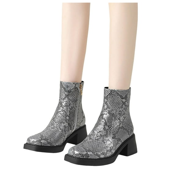 Women's Fashion Square Toe Ankle Boots Slip On Snake Pattern Low Block Heel Short Booties with Side Zipper