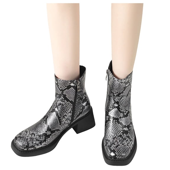 Women's Fashion Square Toe Black Ankle Boots Slip On Snake Pattern Low Block Heel Short Booties with Side Zipper