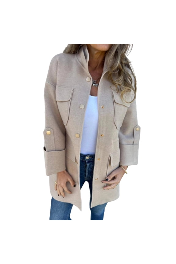 Women's Fashion Stand Collar Three-Quarter Sleeve Multi-Pocket Double-Faced Woolen Coat, Great for Office and Casual Wear with Stylish Design,Beige,L