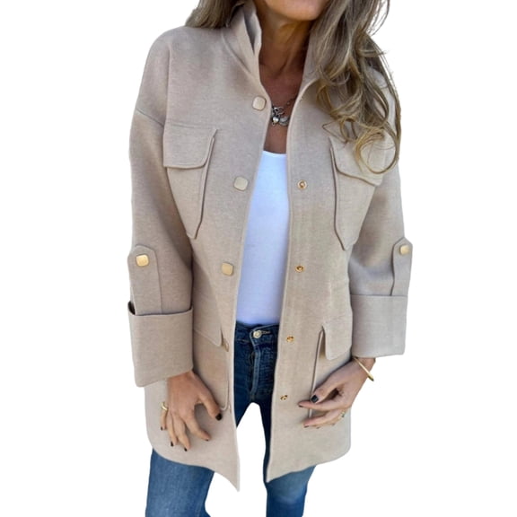 Women's Fashion Stand Collar Three-Quarter Sleeve Multi-Pocket Double-Faced Woolen Coat, Great for Office and Casual Wear with Stylish Design,Beige,S