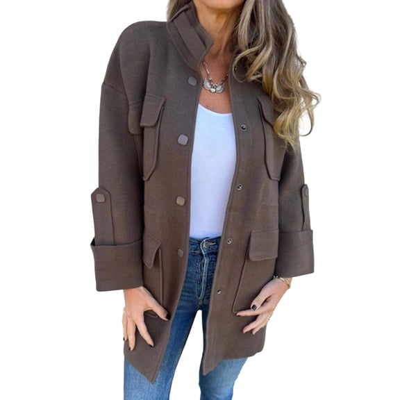 Women's Fashion Stand Collar Three-Quarter Sleeve Multi-Pocket Double-Faced Woolen Coat, Great for Office and Casual Wear with Stylish Design,Khaki,S