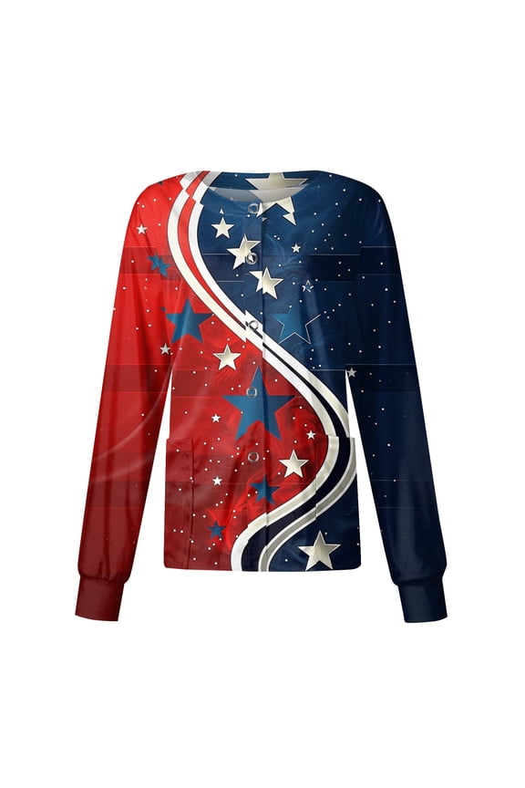 Women's Fashion Star Print Blouse Long Sleeve Button Front Lightweight Casual Summer Spring Top Dark Blue S
