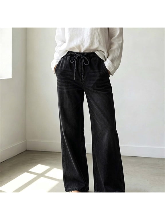 Women's Fashion Straight Leg Jeans Elastic Waist Drawstring Wasit Pants Pocket Denim Long Pants For Casual And Stylish Streetwear