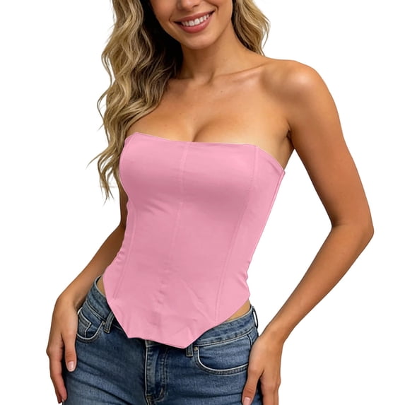 Women's Fashion Strapped Corset Top Asymmetric Off Shoulder Bandage Bustier Bodysuit for Party and Night Out Pink S