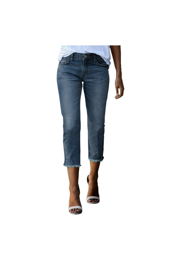 Women's Fashion Stretchy Distressed Hem Denim Capri Jeans Straight Leg Casual Pants Comfortable Washed Lightweight