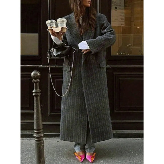 Women's Fashion Striped Coat Casual Comfortable Retro Street Style Autumn Winter Long Sleeve Lapel Double Breasted Outerwear