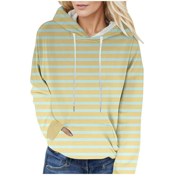 Women's Fashion Striped Print Long Sleeve Baggy Hoodie Top Casual Lace Up Fall Winter Sweatshirt with Pockets Cozy Comfortable