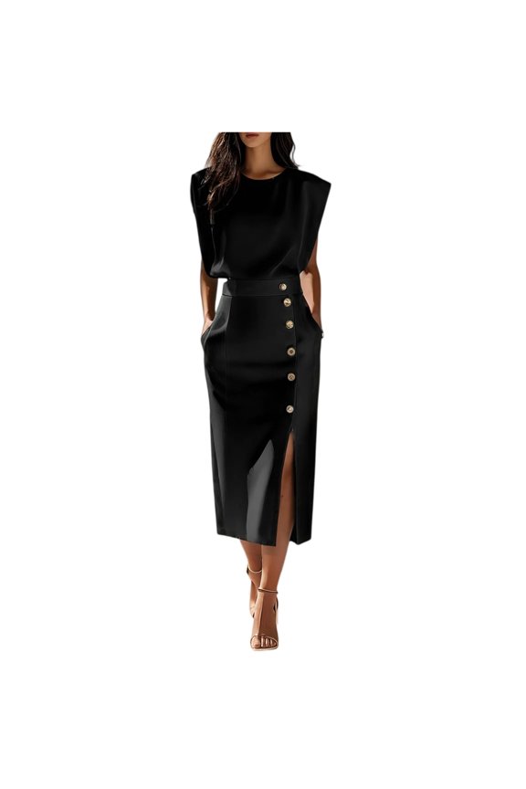 Women's Fashion Style Sleeveless Elegant Dress Solid Color Round Neck Waist Split Metal Buttons Dresses Side Slit Dress With Pockets