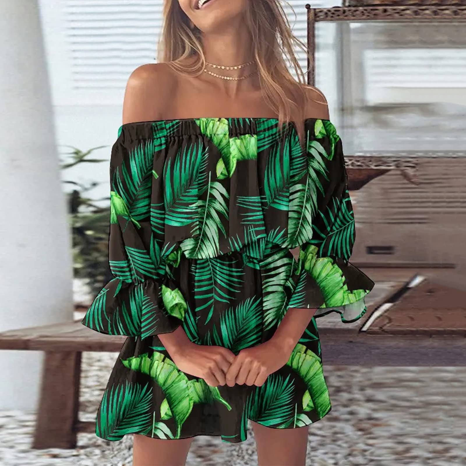 Mortilo Women's Casual Dress Summer Dresses for Women 2022 Beach Off  Shoulder Tunic Casual Loose Fit Bell Sleeve Mini Floral Dress women  clothing XL