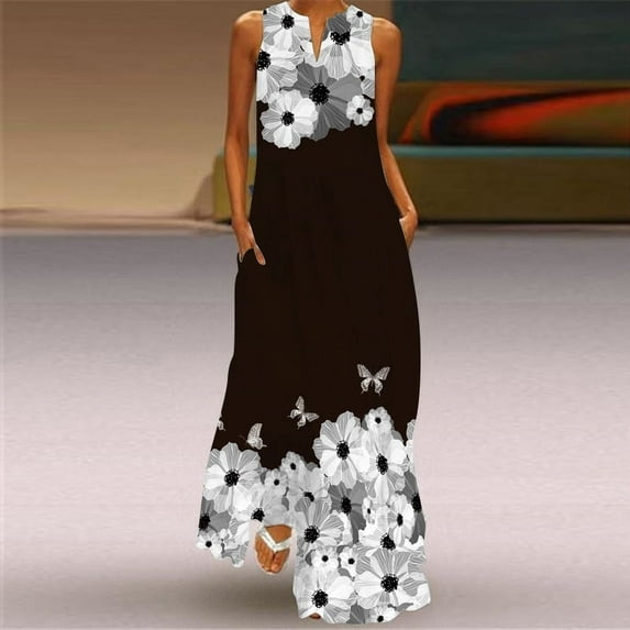 Women's Fashion Summer Long Long Dress Vintage Beach Casual Sleeveless V Neck Elegant Party Vestidos Flowers Print White Dresses
