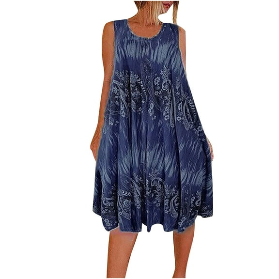 Women's Fashion Summer Round Neck Casual Sleeveless Ladies Printed Dress