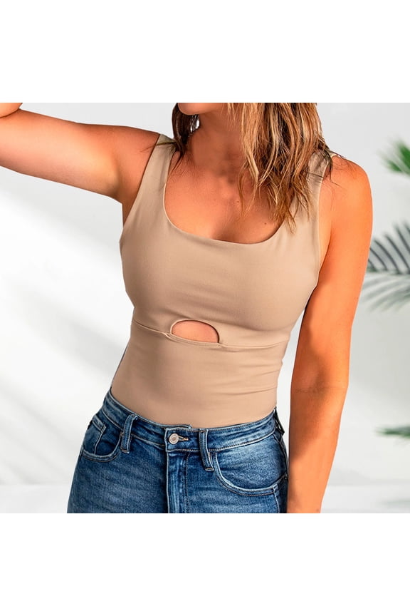 Women’s Fashion Summer Solid Tank Top with U Neck Sleeveless Cutout Off Shoulder Busty Design, M, Khaki