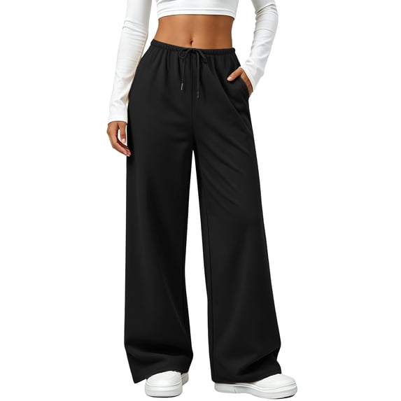 Women's Fashion Sweatpants, Solid Color Drawstring Waist With Pockets, Loose Casual Trousers For Comfortable Everyday Wear Black M