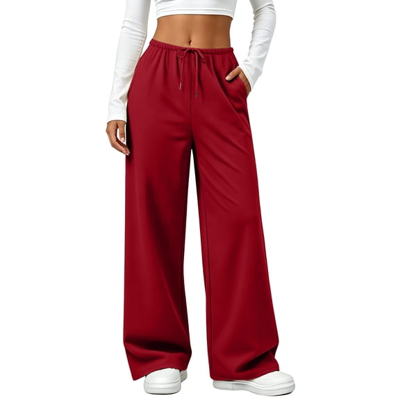 Women's Fashion Sweatpants, Solid Color Drawstring Waist With Pockets, Loose Casual Trousers For Comfortable Everyday Wear Wine 2XL