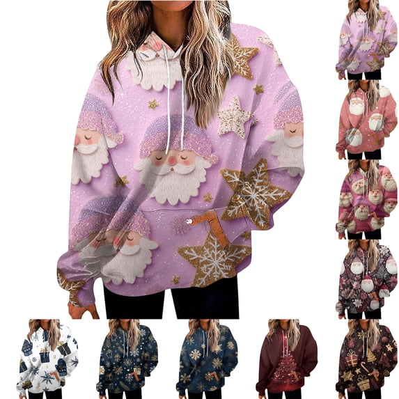 Women's Fashion Sweatshirt Christmas Print Casual Hooded Sweatshirt With Pockets, Festive Fall Winter Wear with Cozy Fabric and Practical Design for Holiday Gatherings,Pink,L