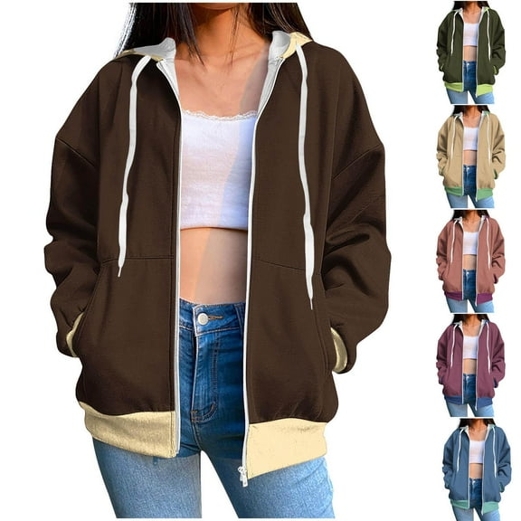 Women's Fashion Sweatshirt Color Blocking Long Sleeved Regular Sleeve Hoodie Brown Winter Clothes 2025 ( S )
