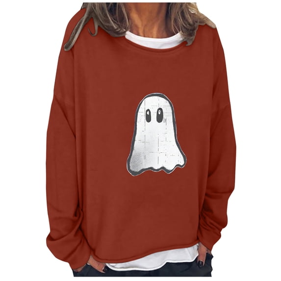 Women's Fashion Sweatshirt Halloween Print Tops Casual Round Neck Drop Shoulder Long Sleeve Pullover Oversized Fake Two-Piece Shirt 2025 Fall Clothes