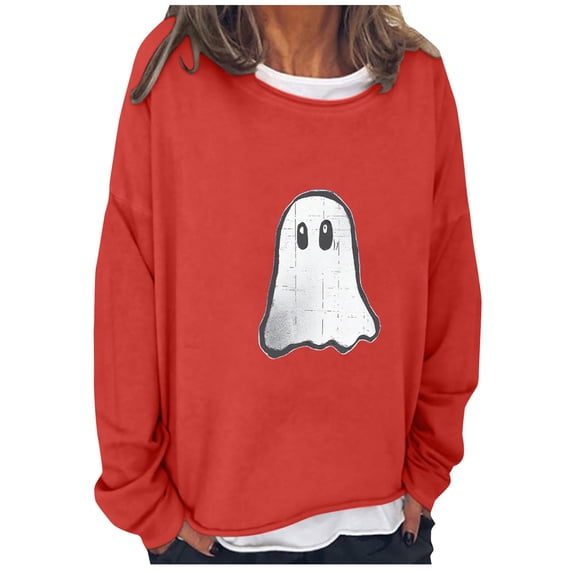 Women's Fashion Sweatshirt Halloween Print Tops Casual Round Neck Drop Shoulder Long Sleeve Pullover Oversized Fake Two-Piece Shirt 2025 Fall Clothes