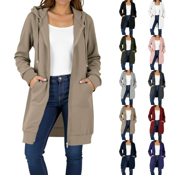 Women's Fashion Sweatshirt Solid Color Thickening And Fleece Casual Zipper Long Sleeve Pocket Hooded Long Beige Winter Clothes 2025 S-2XL
