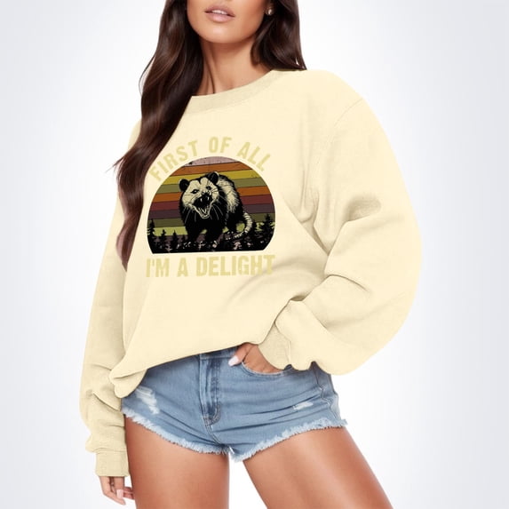 Women's Fashion Sweatshirts Loose Fit Cozy Drop Shoulder Graphic Print Crewneck Long Sleeve Pullover Top for Casual Wear Beige L