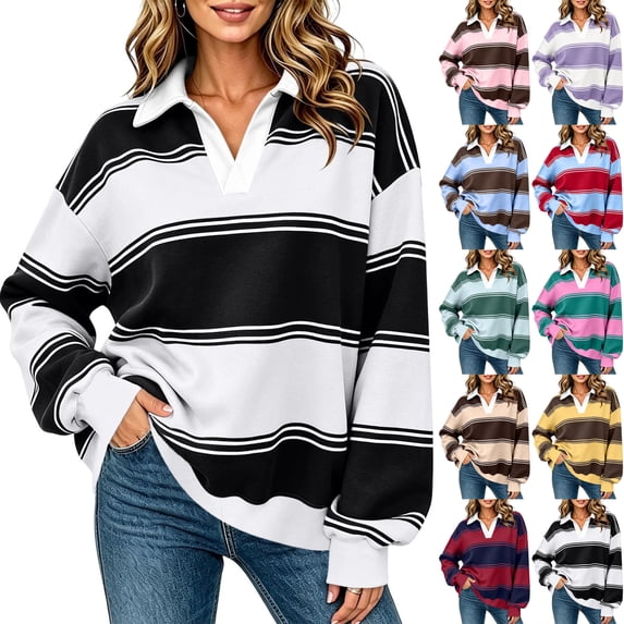 Women's Fashion Sweatshirts V Neck Color Blocked Striped Casual Loose Long Sleeve Drop Shoulder Tops Color Block Y2K Outfits Fashion Clothing