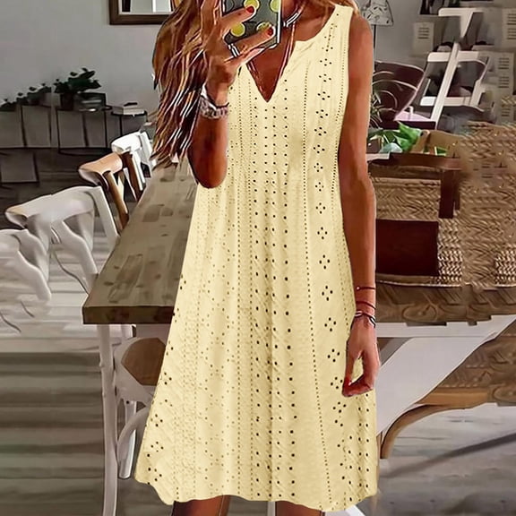 Women's Fashion Swing Jacquard V Neck Sleeveless Solid Color Dress Womens Rayon Dresses Tee Length Dress Active Dress Casual Tunic Dress Casual Dresses for Women Summer Swing Dress Short Cute Shirt