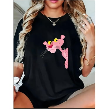 Women's Fashion T-Shirt "Cartoon Pink Panther" - Breathable Soft Blend, Casual Round Neck Short Sleeve, Regular Length, Spring/Autumn Season, Knit Fabric, Cartoon Pattern, Casual Sports Tee