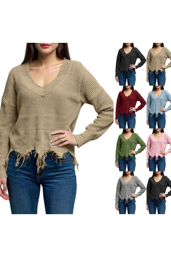 Women's Fashion Tassel Ripped Solid Color Knitted Round Neck Pullover Sweater for Fall and Winter, Stylish and Unique, Perfect for Fashionable Wear,Gray,Size S