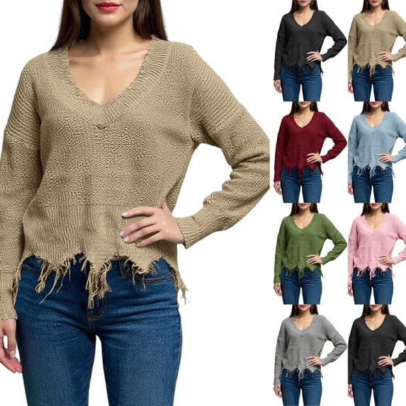 Women's Fashion Tassel Ripped Solid Color Knitted Round Neck Pullover Sweater for Fall and Winter, Stylish and Unique, Perfect for Fashionable Wear,Light Blue,Size M
