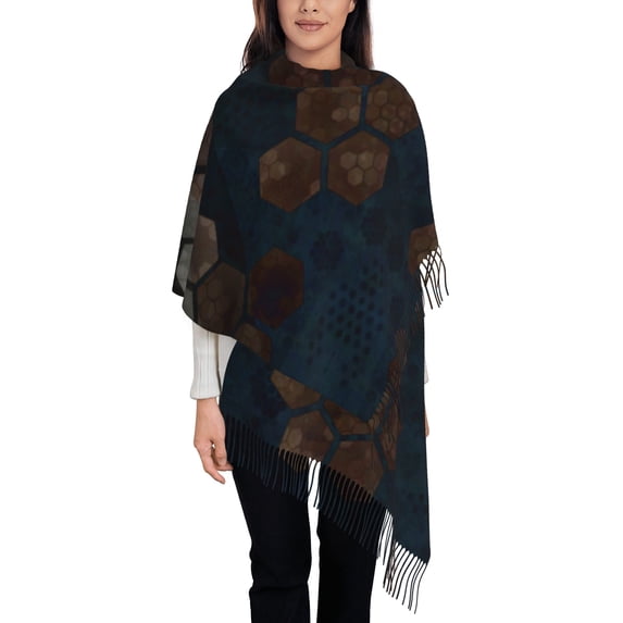 Women's Fashion Tassel Scarf, Abstract Vintage Honeycomb Long Shawl, Lightweight and Warm