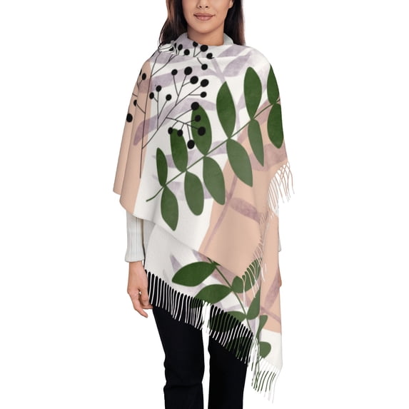 Women's Fashion Tassel Scarf, Green Leaves Boho Art Long Shawl, Lightweight and Warm