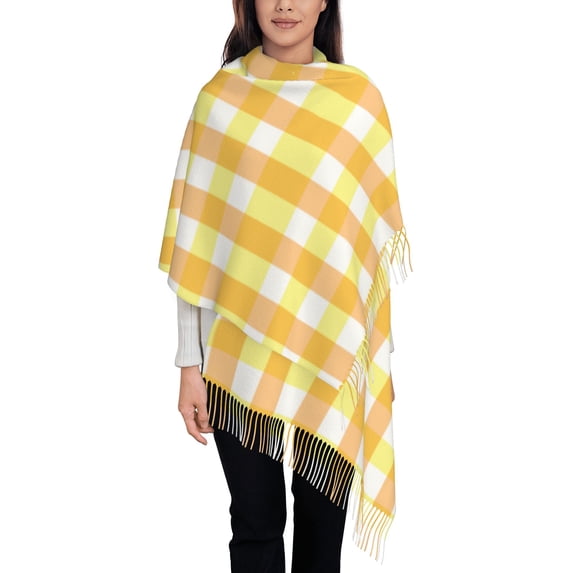 Women's Fashion Tassel Scarf, Yellow Classic Plaid Pattern Long Shawl, Lightweight and Warm