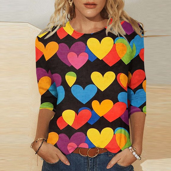 Women's Fashion Tees Casual Crewneck 3/4 Sleeve Loose T Shirt Ladies Tops Blouses Shirts