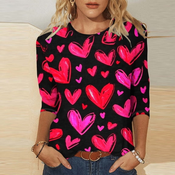 Women's Fashion Tees Casual Crewneck 3/4 Sleeve Loose T Shirt Ladies Tops Blouses Shirts