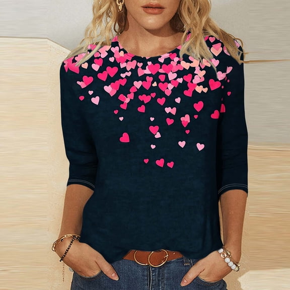 Women's Fashion Tees Casual Crewneck 3/4 Sleeve Loose T Shirt Ladies Tops Blouses Shirts