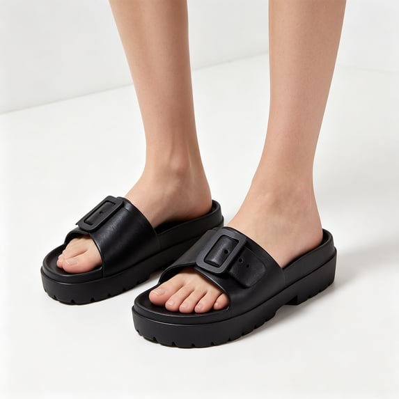 Women's Fashion Thick‑Sole Adjustable Buckle Strap Sandals, EVA Open‑Toe Slide Sandals For Summer Beach Pool Outdoor Casual Daily Wear Black