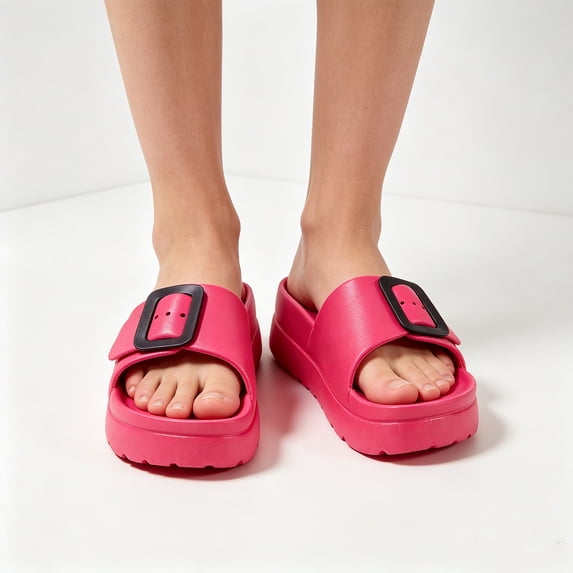 Women's Fashion Thick‑Sole Adjustable Buckle Strap Sandals, EVA Open‑Toe Slide Sandals For Summer Beach Pool Outdoor Casual Daily Wear Hot Pink