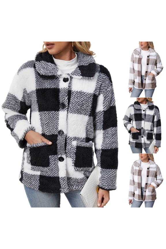 Women's Fashion Thickened Double-sided Plush Plaid Single-breasted Button-up Jacket for Cold Weather and Holiday Seasons,Black,M