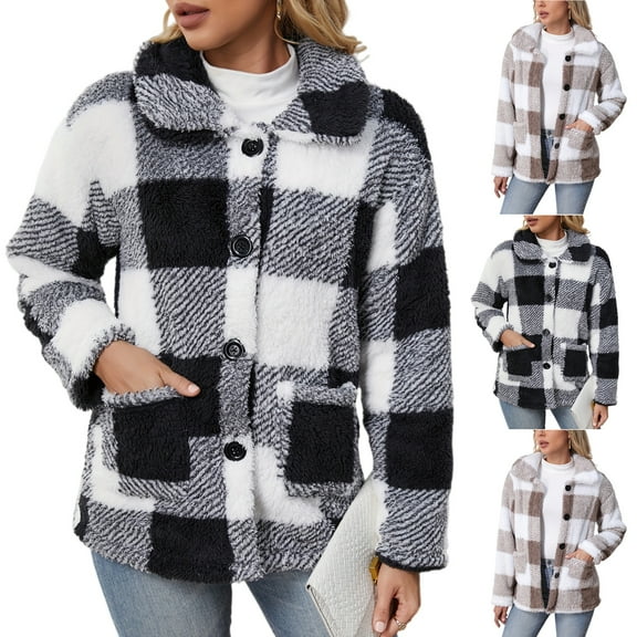 Women's Fashion Thickened Double-sided Plush Plaid Single-breasted Button-up Jacket for Cold Weather and Holiday Seasons,Brown,L