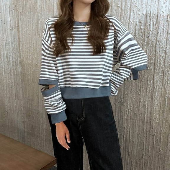 Women's Fashion Thin Hoodie Striped Long Sleeve Crew Neck Top Casual Long Sleeve T-shirt Lightweight Stylish Pullover Shirt for Women Comfortable Everyday Wear