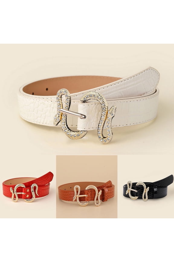 Women's Fashion Thin Leather Waist Belt with Snake Design Buckle Stylish