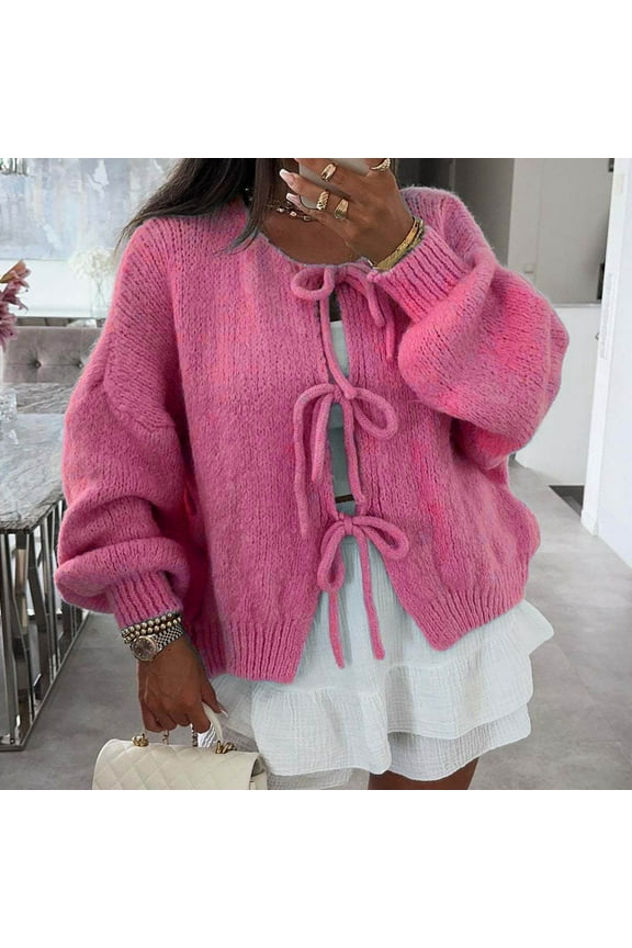 Women's Fashion Three Quarter Sleeve Tie Front Cardigan Sweater Lightweight Round Neck Loose Bow Knitted Sweater Top Knit Cardigan with Pockets Leopard Print Cardigan for Women Sweater Coats Warm