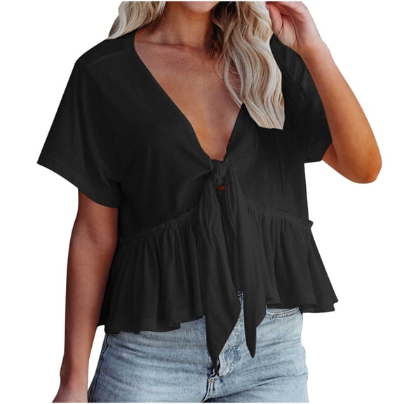 Women's Fashion Tie Knot Crop Top Short Sleeve V Neck Peplum Short Blouse Shirt Summer Casual Loose Swing Tunic Tops