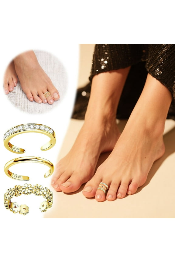 Women's Fashion Toe Rings Set Elegant Adjustable Foot Jewelry Cubic Zirconia CZ Gold Plated Open Toe for Daily Wear and Parties 3PCS