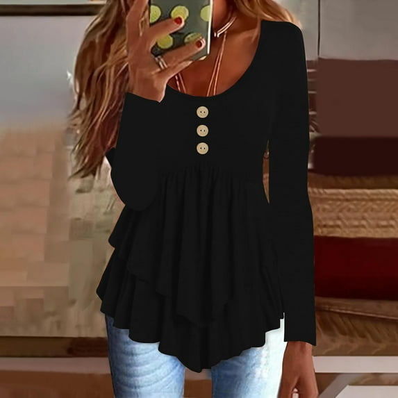 Women's Fashion Top Button Casual Solid Color Printed Long Sleeve Workout Shirts Large T Shirts Tops for Women Dry Wick Tee Women Athletic Shirts Women Summer Spandex Long Sleeve Shirt Juniors Short