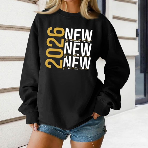 Women's Fashion Top New Year 2026 Printed Pullover Sweatshirt Holiday Design for Women Casual Celebration Streetwear Top,Black,XL